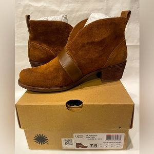 Brand New Ugg W Wright Belted Shearling Lined Chestnut Leather Suede Ankle Boots